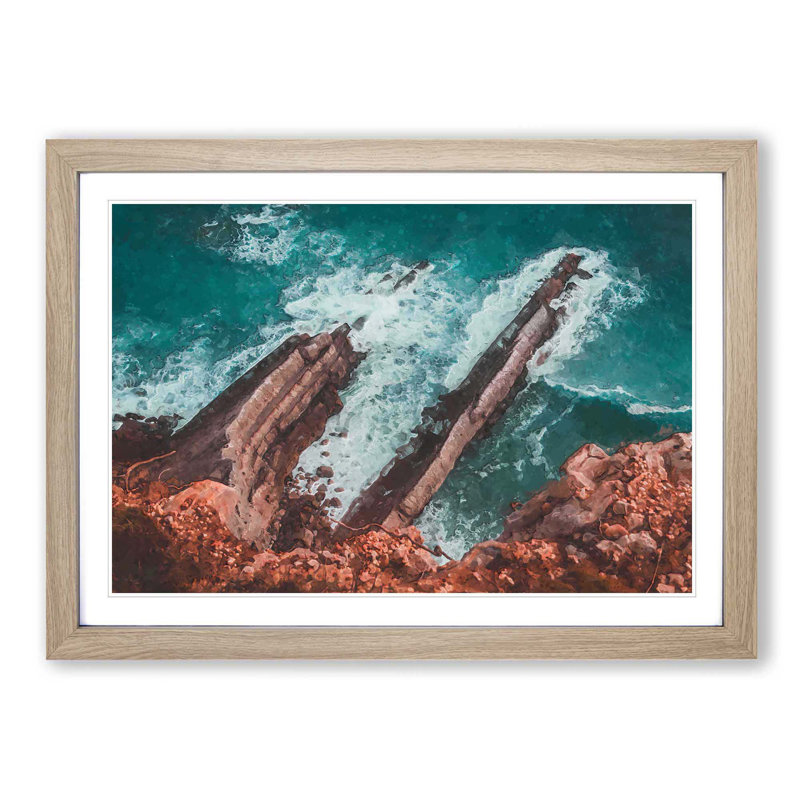 Waves Crashing at Cabo Espichel in Portugal - Picture Frame Graphic Art Print, 60cm H x 91cm W x 2cm D, Oak