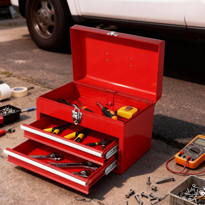 Portable Tool Box, 2-Drawer Metal Tool Chest With Ball Bearing Slides & Top Storage Compartment, Secure Latch And Ergonomic Handle For Tools, Supplies, And Cosmetics