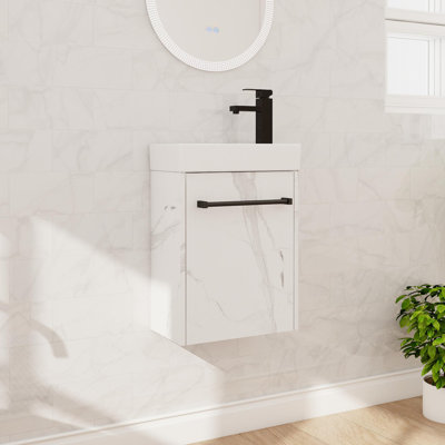16" Small Bathroom Vanity Set, Single Wall Mounted Bathroom Vanity With Ceramic Basin Sink Top, Floating Vanity With 1 Door