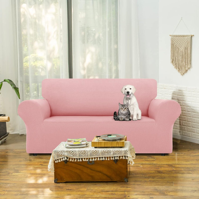Housse de canapé-housse pour canapé-lit extensible 1 pièce pour housses de canapé de protection pour canapé avec fond élastique pour enfants et chien (moyen, rose)