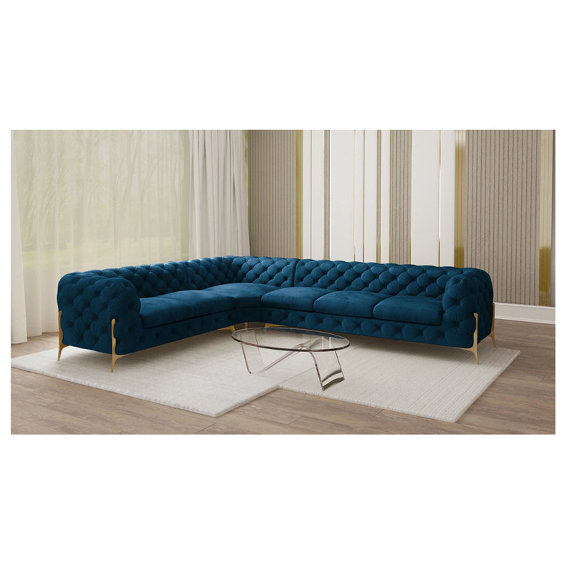 Chesterfield Corner Sofa L-Shape  with Gold Metal Legs, Navy Blue, Right Hand Facing