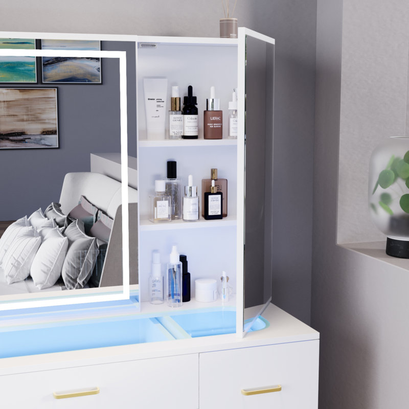 Vanity Desk Set With Large Led Lighted Mirror, Makeup Table With 7 Drawers,glass Tabletop Vanity Desk With Cabinet(glass Tabletop)