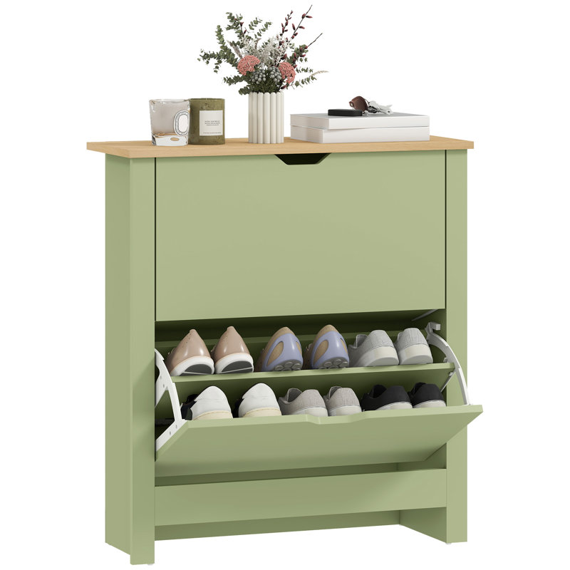 HOMCOM 12-Shoe Storage Cabinet 4 Shelves 2 Drawers Tabletop, Green