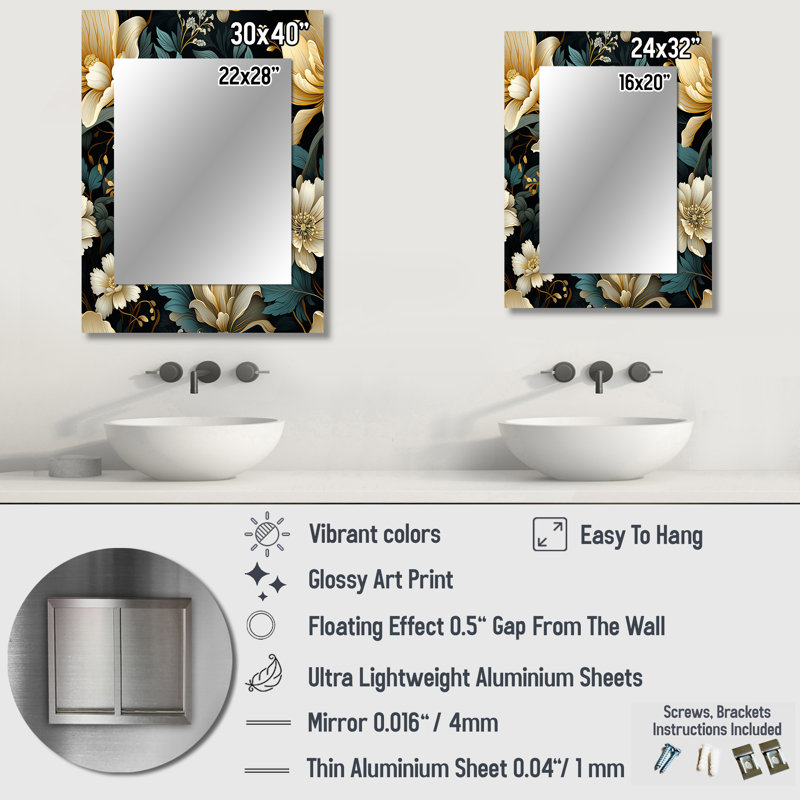 Botanical Green Damask Harmony - miroir mural unique en damas, miroir bohème, impression sur métal, 32 po x 24 po