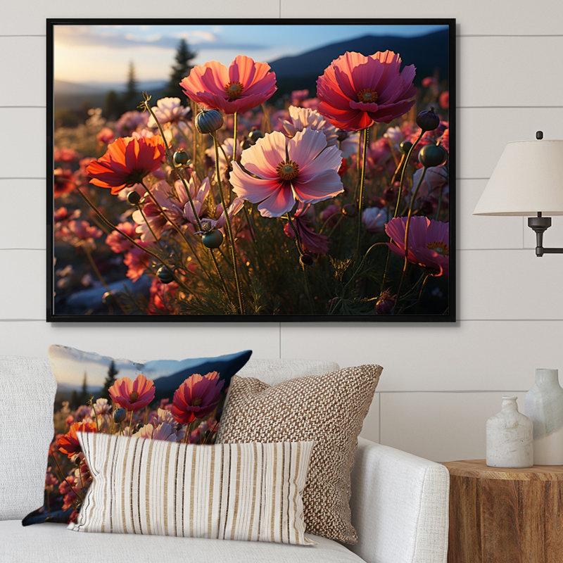 Champs roses de fleurs sauvages, H 16 po x l 32 po x P 1 po, Cadre flottant noir