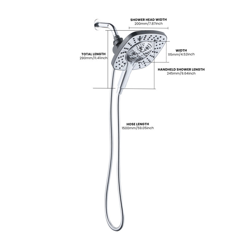 8-Spray Dual Shower Head & Handheld Combo, Adjustable Water-Saving 1.8 GPM, Wall-Mounted, Hose & Shower Arm Included, Chrome Color