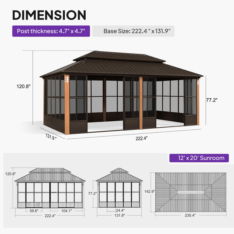 PURPLE LEAF 12'W x 20'D Double Roof Sunroom All-Weather Aluminum Hardtop Gazebo with Screen Enclosure for Backyard