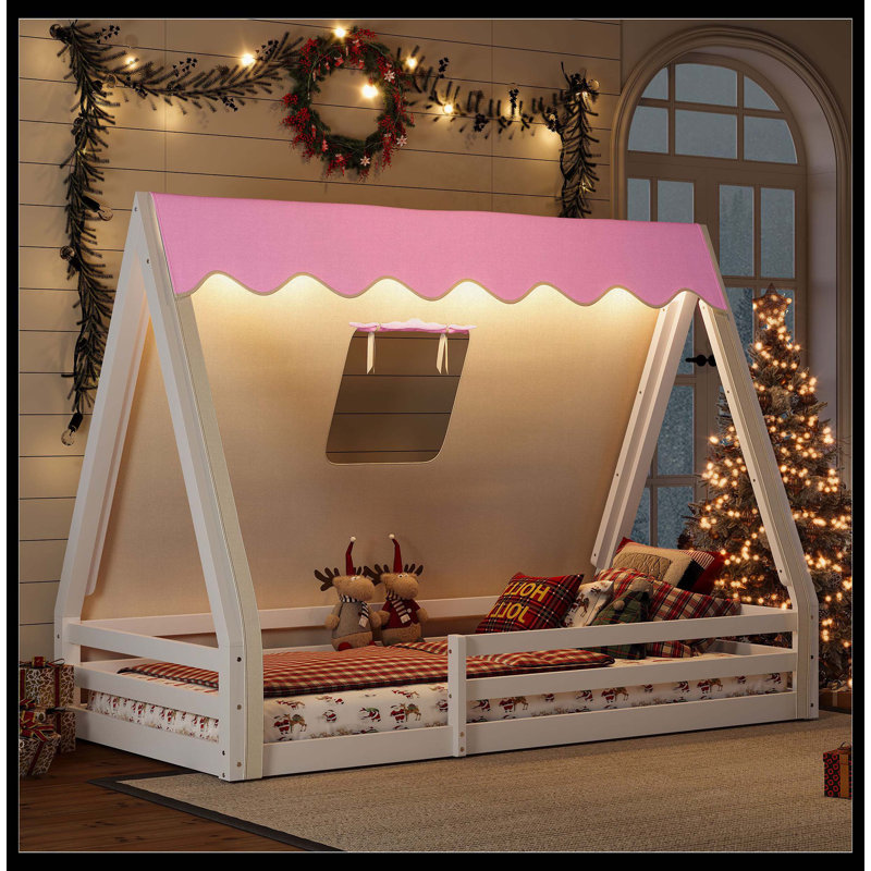 Lit simple au sol avec tente et lit de camp en bois massif avec garde-corps pleine longueur, design Montessori et enfantin, blanc et rose