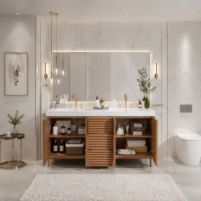 Meuble-lavabo de salle de bain avec lavabo double en résine SMC, armoire en panneau de fibres à densité moyenne, pieds en bois massif, charnières à fermeture en douceur et système de tiroir caché pour un rangement moderne