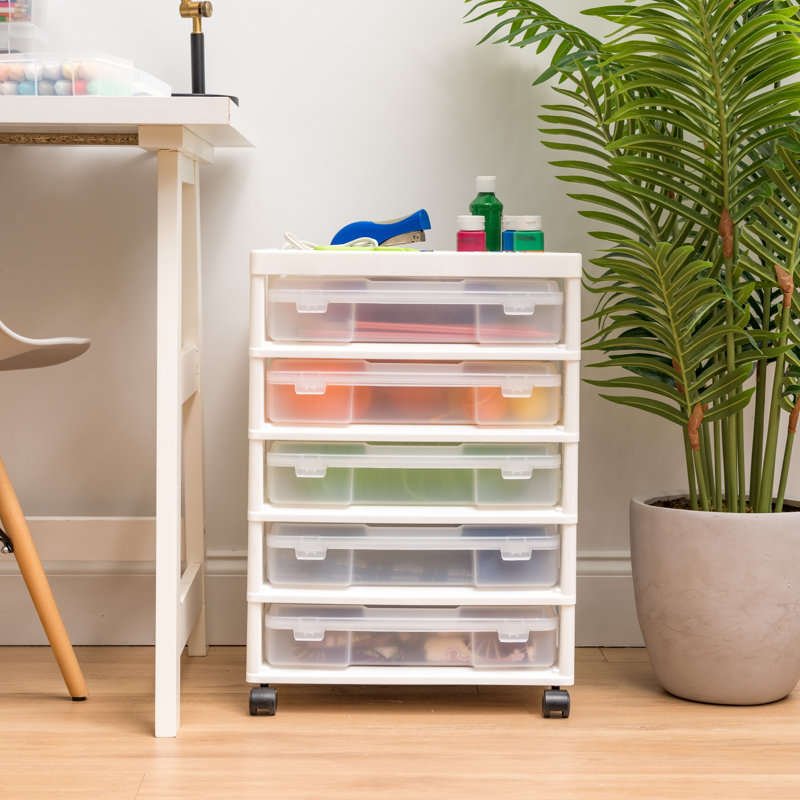Drawer Plastic Storage Chest with Casters, White, 5