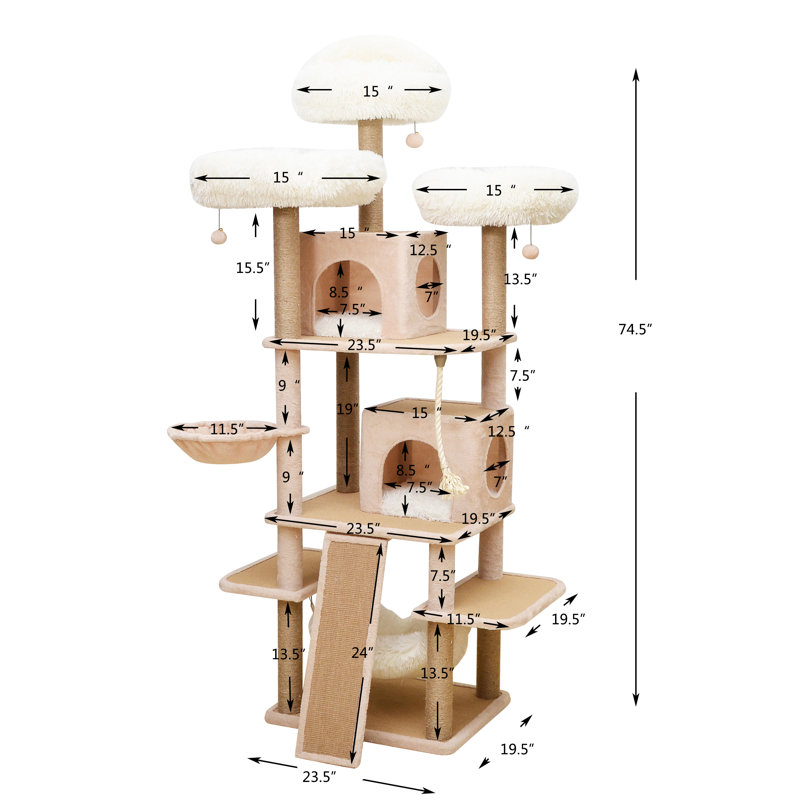 Beige 75" Freestanding Cat Tree with Sisal Posts and Faux Fur Perches