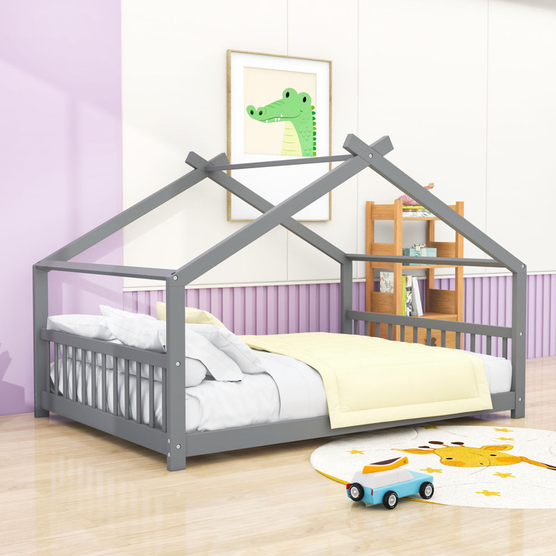 Charmant lit en bois avec toit, Double, Gris