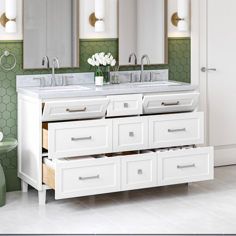 Ariel Monroe 61 Inch Double Rectangular Sink Bathroom Vanity With Italian Carrara Marble Countertop, White