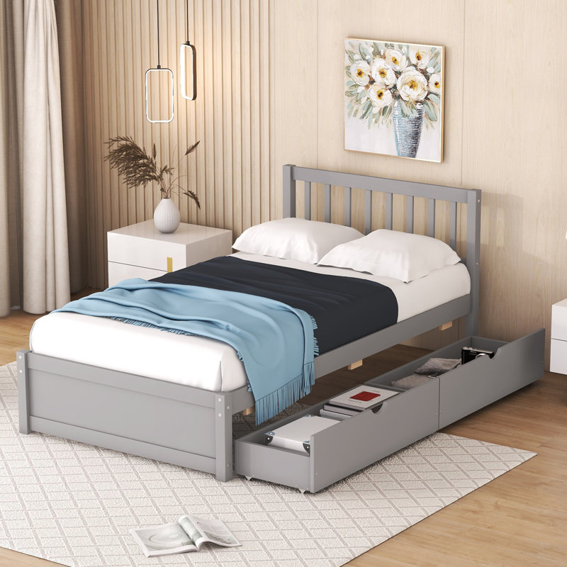 Modern Design Wooden Platform Bed with 2 Drawers, Gray