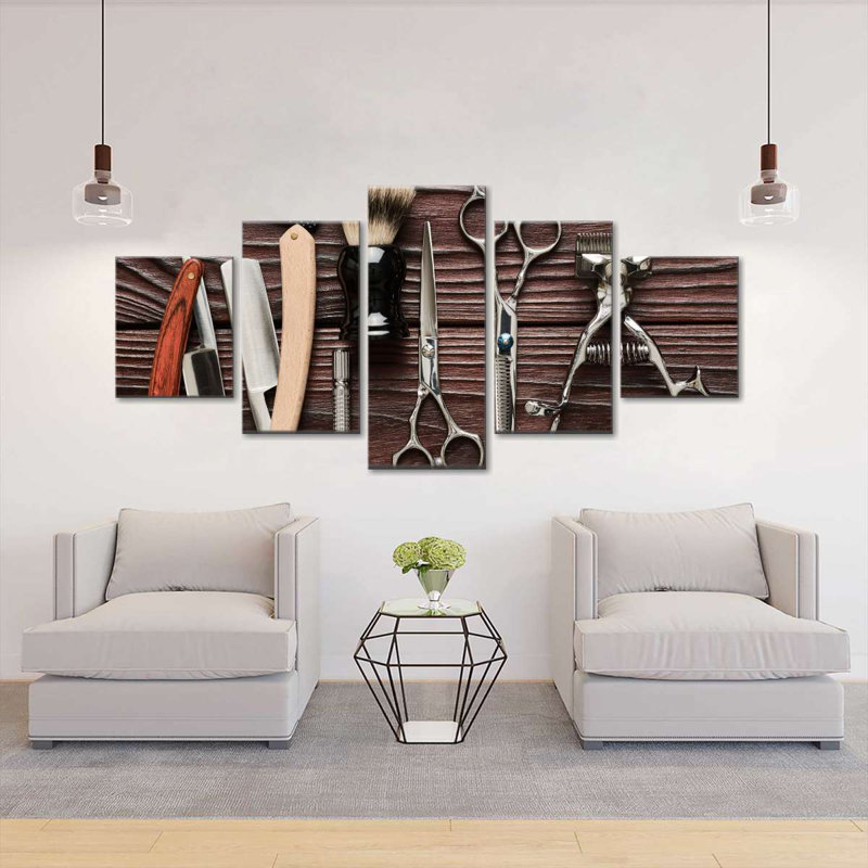 Ensemble 5 pièces de coiffeur pour cheveux sur toile, H 68 po x l 30 po x P 1,25 po