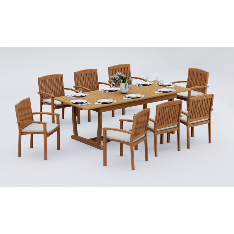 10 Seats 11 Pcs Grade-A Teak Wood Dining Set: 94" Double Extension Mas Rectangle Trestle Leg  Table And 10 Wave Stacking Arm Chairs #11WV2110