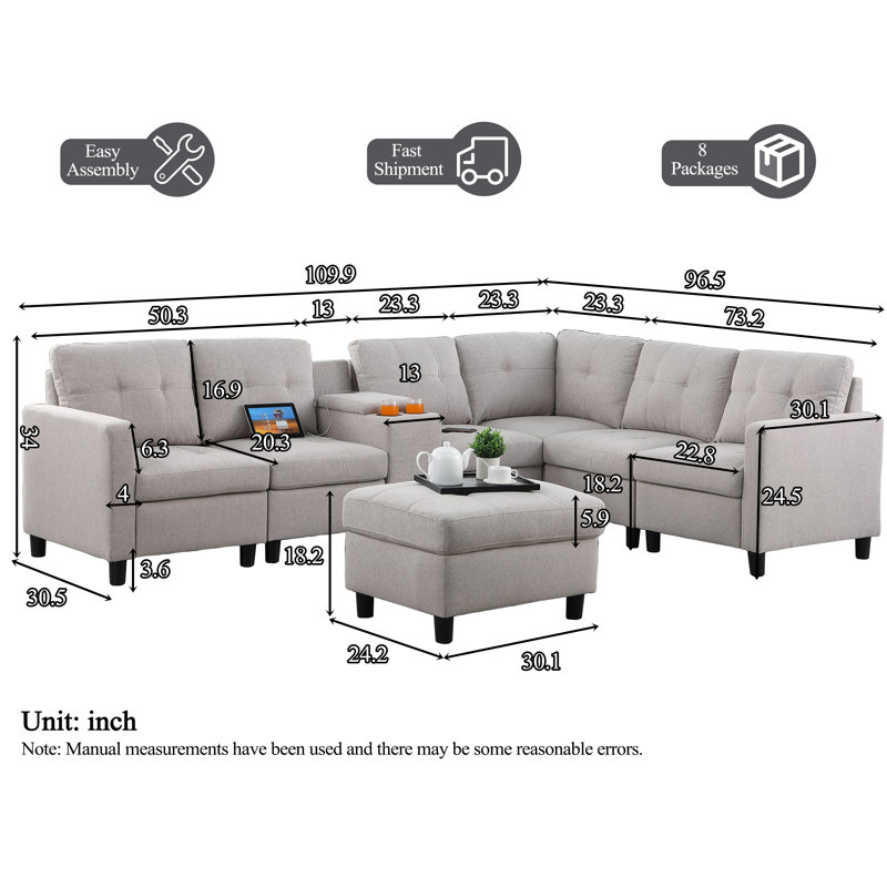 Kentrell L-Shape Sectional Sofa Couch With USB Ports & Cup Holders, Light Gray Polyester Blend