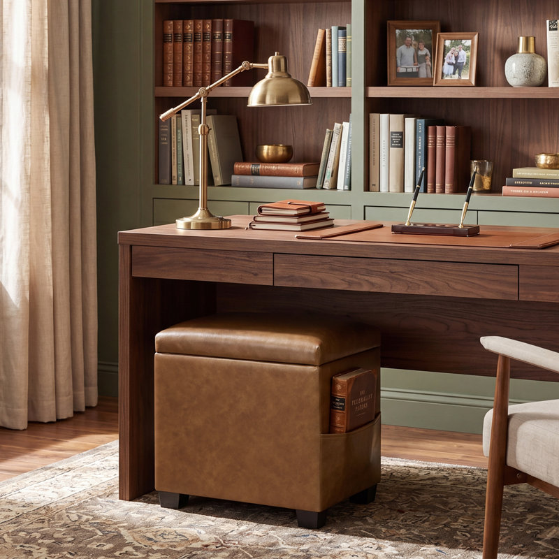 15.5"  Rectangle Faux Leather Storage Ottoman Bench, Brown