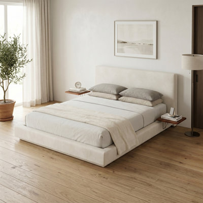 Queen Upholstered Platform Bed With Floating Effect And 2 Adjustable Sliding Side Tables, Modern Cloud Bed Frame, Off-White