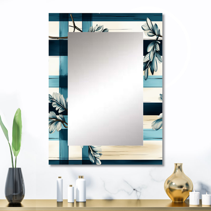 Bansemer Nautical Vintage Floral Stripes - Plaid  Large Wall Mirror, Plaid Unique Mirror, Printed Metal Art, 32" x 24"