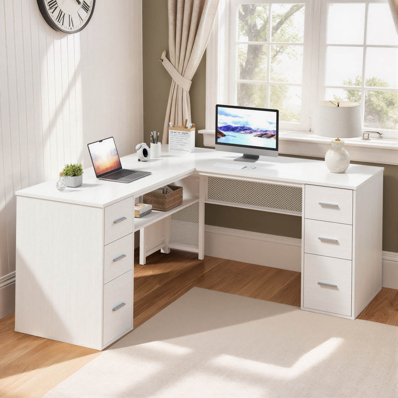 Bureau de direction en L à 6 tiroirs Corsair, Chêne blanc