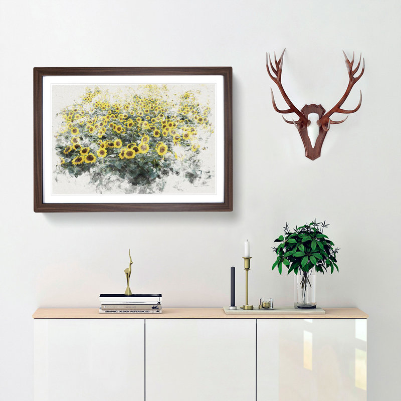 Field of Yellow Sunflowers - Picture Frame Painting Print, Walnut Framed, 62cm H x 87cm W