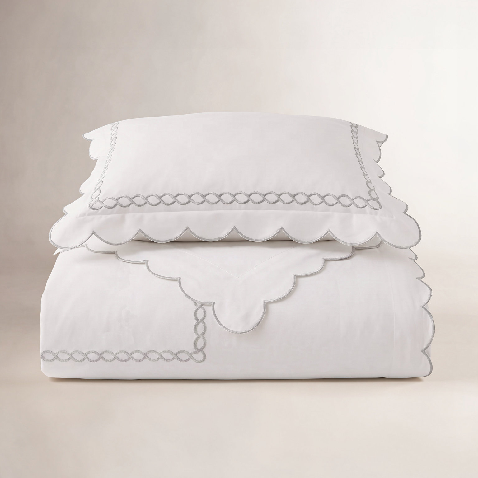 T600 SCALLOP ROPE DUVET SET, White, King Duvet Cover + 2 King Shams