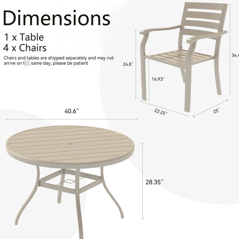 Ensemble de salle à manger d'extérieur pour patio 5 pièces, 4 chaises empilables et une table ronde de 40,6 po avec trou de parasol réglable, matériau résistant aux intempéries, arrangement de sièges pour la pelouse, épissure en métal