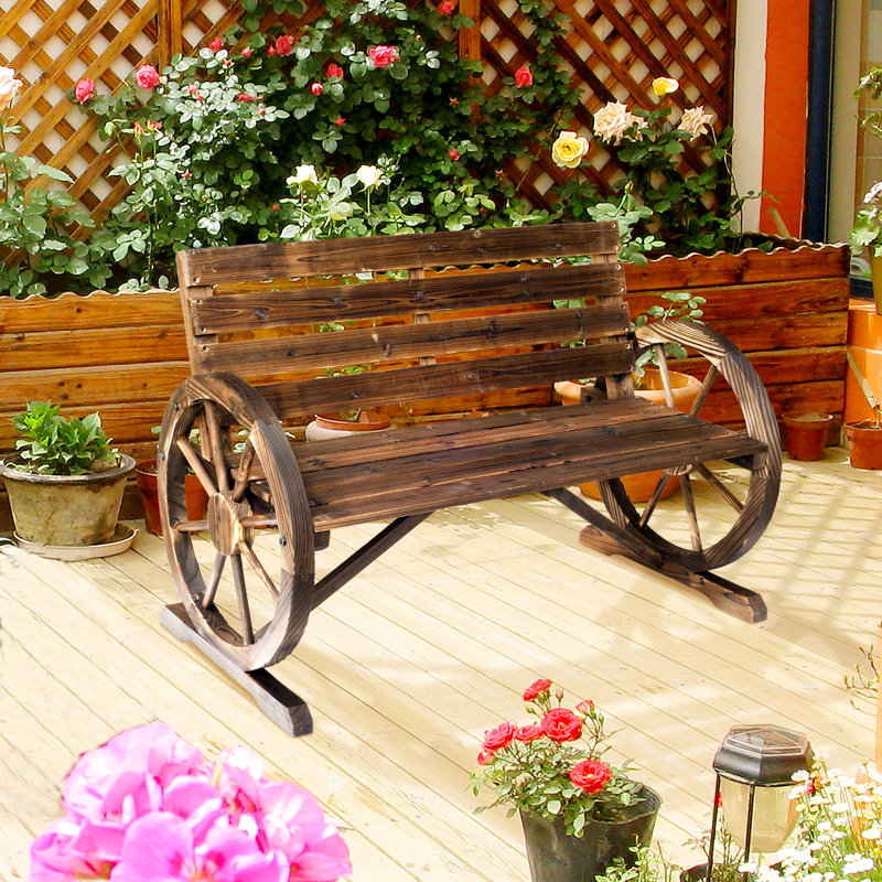 41" Rustic Wagon Wheel Bench For Gardens, With , 2 Seat, Solid Fir Wood, Stable Build Outdoor - Wooden , , Seat And Wood Construction, Brown
