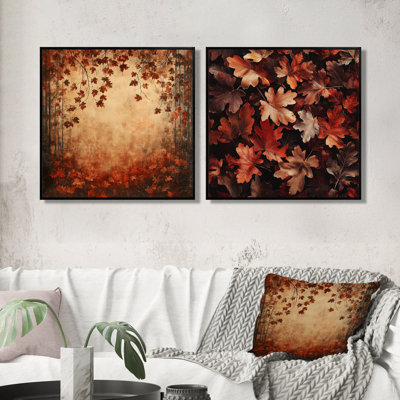 «Red Falling Oak Leaves I» - art mural feuilles - ensemble d'art mural traditionnel 2 pièces