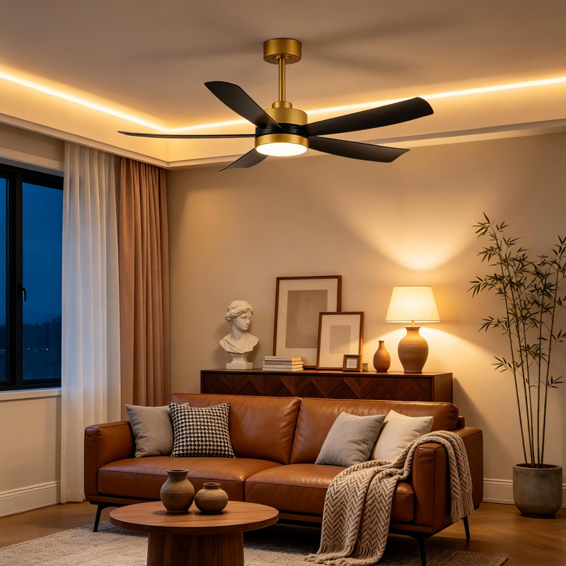 Ventilateur de plafond d'intérieur à DEL à intensité variable, doré / noir, avec éclairage 52 po et télécommande Amalfi