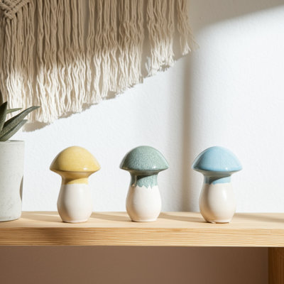 Ceramic Colorful Top Mushrooms, Set of 3 Multi-Toned Figurines, Charming 5-Inch Home Decor Accents