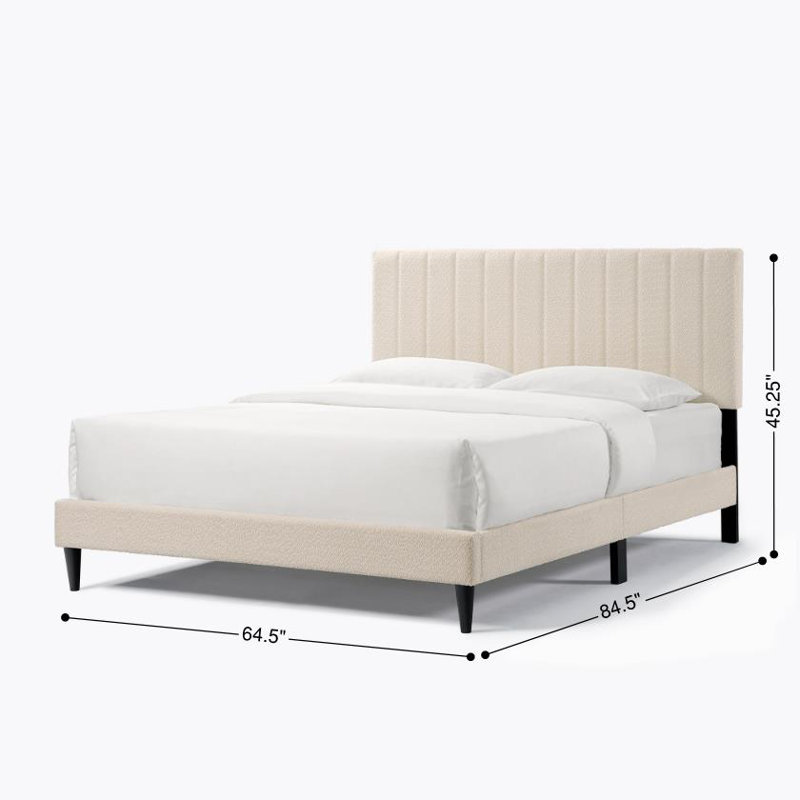 Contemporary Design Tufted Upholstered Platform Bed with Boucle Fabric Headboard, Noise Reduction, Cream White, Cream