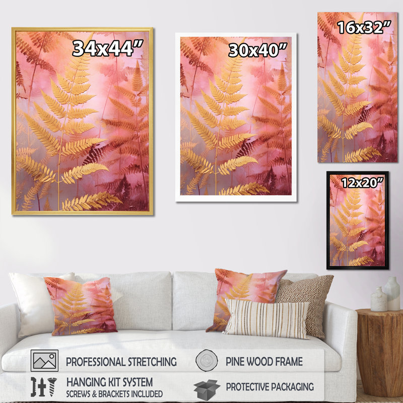 Fond de fougère dorée et rose sur toile, 40" H x 30" W, Toile tendue