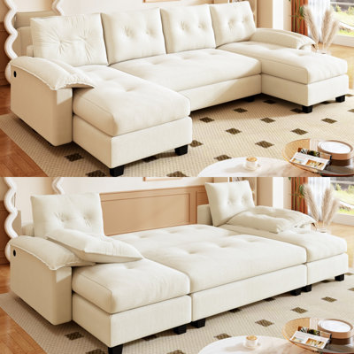 Canapé-lit en forme de U de 266 cm (104,7 po), canapé multifonctionnel 3 en 1 avec lit gigogne amovible, chargeur intégré, 4 oreillers, revêtement en chenille beige/blanc, compatible avec les prises d'appartement, tissu orange