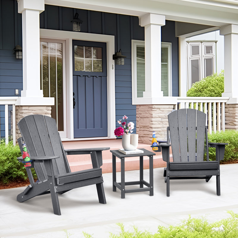 All-Weather High-Density Polyethylene (HDPE) Foldable Adirondack Chair With Table, Two-Piece Set, Gray