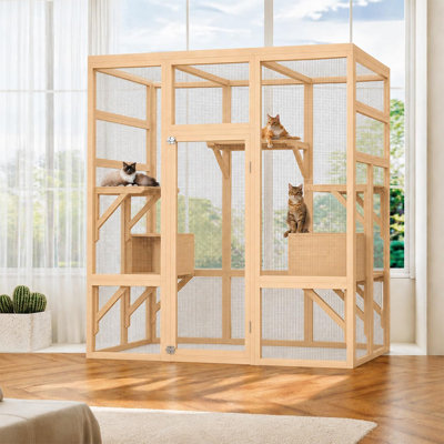 Enceinte d'extérieur pour chat de 70 po, abri pour chat en bois avec toit imperméable, plateformes multi-niveaux et boîtes de repos, abri en filet pour patio, porche et cour arrière