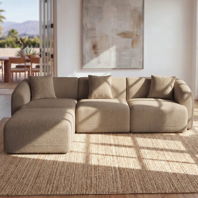 112" Sectional Couches For Living Room, Convertible L-shape Boneless Couch With Movable Ottoman, 3 Seater Cloud Couch, Deep Comfy Sleeper Sofa Bed Floor Couch, Camel