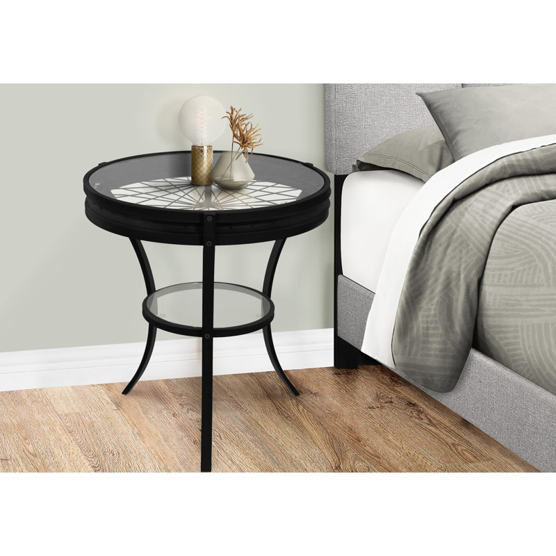 Table d'appoint transitionnelle pour la chambre à coucher: verre trempé, métal noir, avec tablette de rangement pratique et espace de vie:
