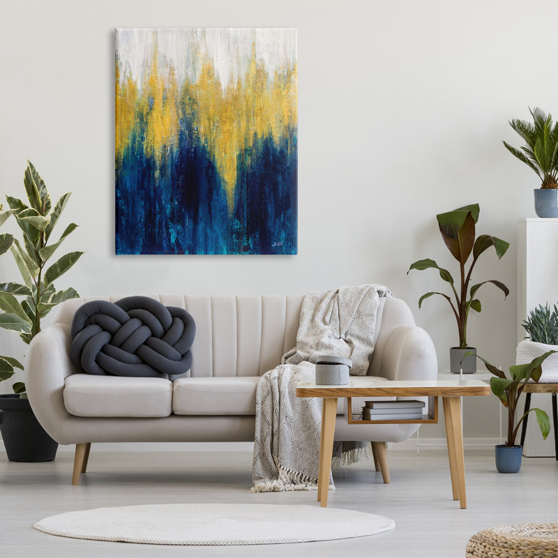 «Blue & Yellow Abstraction On Canvas» par Julia Purinton, peinture, H 48 po x l 36 po x P 1,5 po