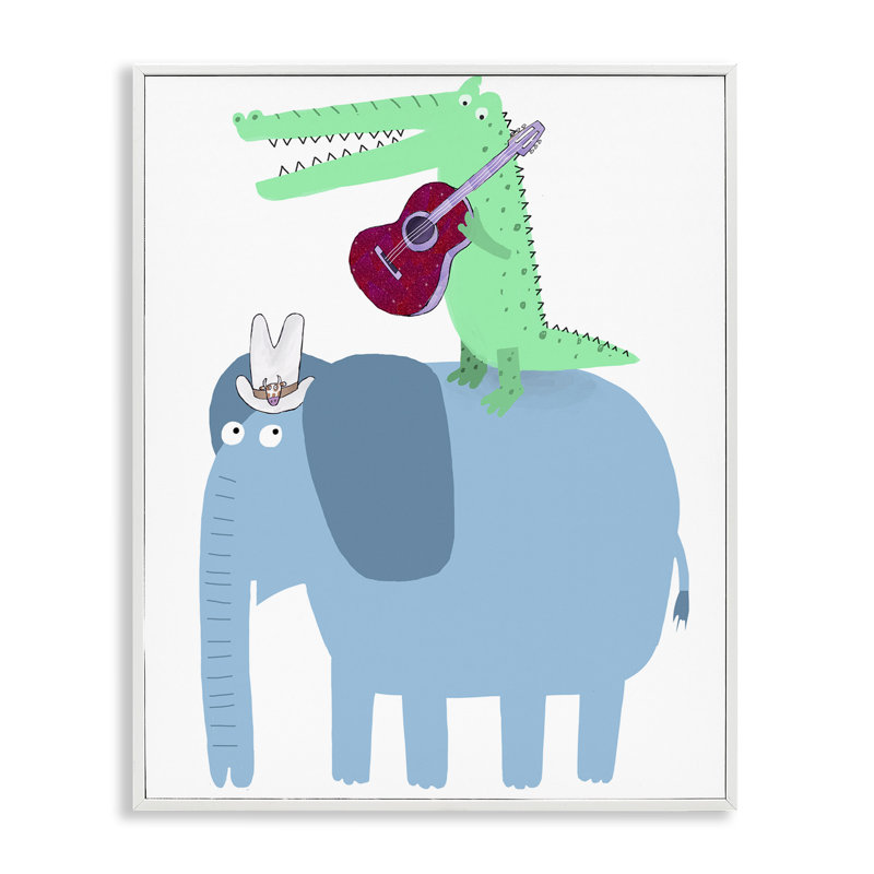 Éléphant et alligator avec guitare acoustique, estampe numérique, conception de Carla Daly, H 20 po x l 16 po