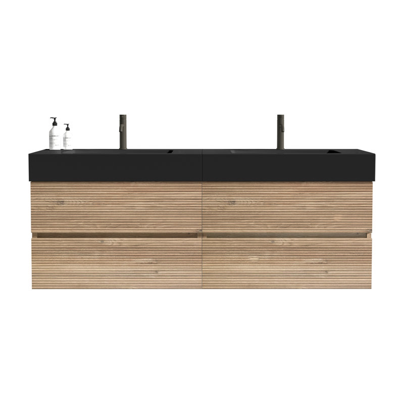Meuble-lavabo de 60 po avec lavabo en quartz noir mat et tiroirs noirs doux, meuble-lavabo mural flottant pour salle de bain moderne, lavabo une pièce noir mat, KD