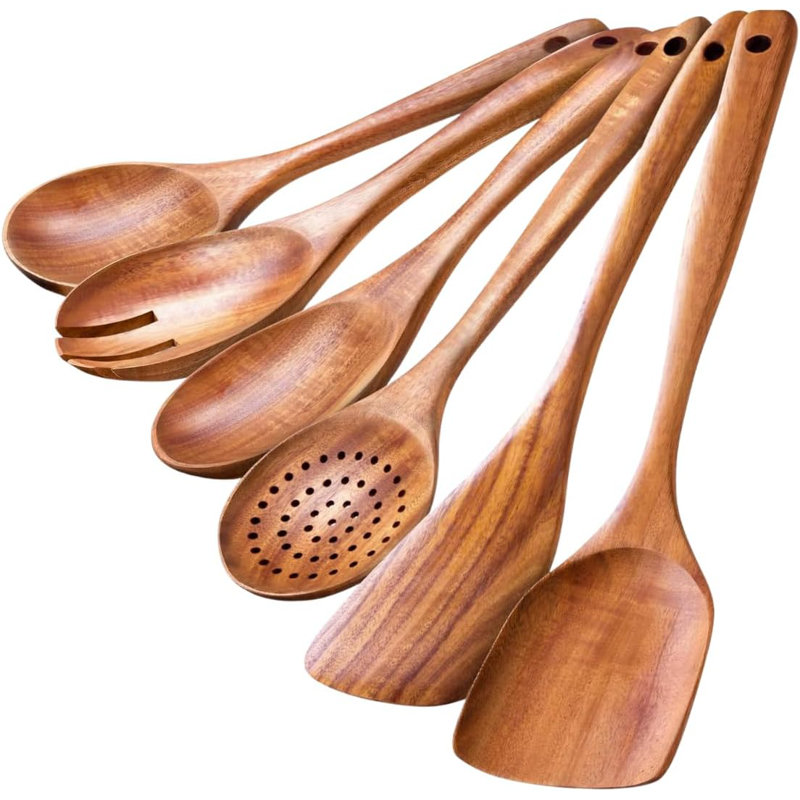 Ensemble de cuillères de cuisine en bois de teck - 6 pièces d'ustensiles de cuisine antiadhésifs non toxiques avec poignée lisse pour mélanger, servir et mélanger