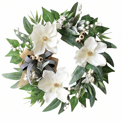 All Seasons Wreath For Front Door W/Silk Cream Magnolia, 21.7 Inch Year Round Outdoor Spring Summer Wreath Farmhouse Indoor Decor, Flower Wreath For Wedding Home Wall Window Porch, White