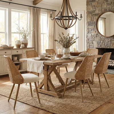 Set of 6 Boucle Rattan Back 19.5" Seat Height Dining Chair