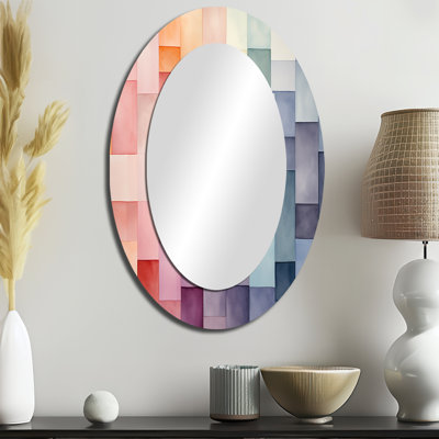 Multicolore cubes motifs III - Miroir décoratif abstrait ovale sur métal