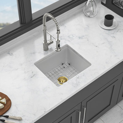 White Quartz Kitchen Sink, Undermount, High - End Material, Quiet And Non Porous, Rounded Corners, Standard Drain, Grid, Template Undermount Thick Smooth Composite, Operation, Strainers, Drying Rack