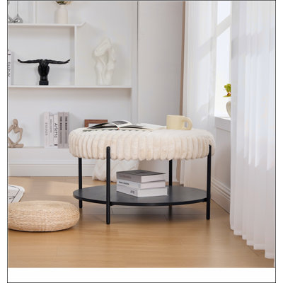 Repose-pieds de 30,9 po de large avec repose-pieds rond et repose-pieds avec pieds en métal, repose-pieds avec tablette de rangement ouverte en bois, repose-pieds en fausse fourrure