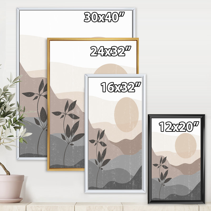 «Minimalist Mountain Landscape at Sunset - Floater Frame», impression sur toile, H 32 po x l 24 po x P 1 po, Encadrement doré