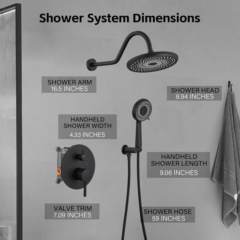 Complete Shower System with Rough in-Valve, Matte Black